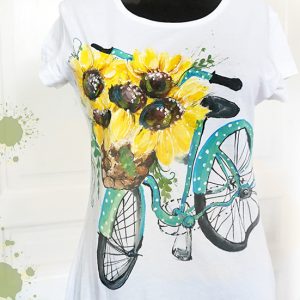 Bicicletă și floarea Soarelui. Tricou pictat manulal, personalizat.